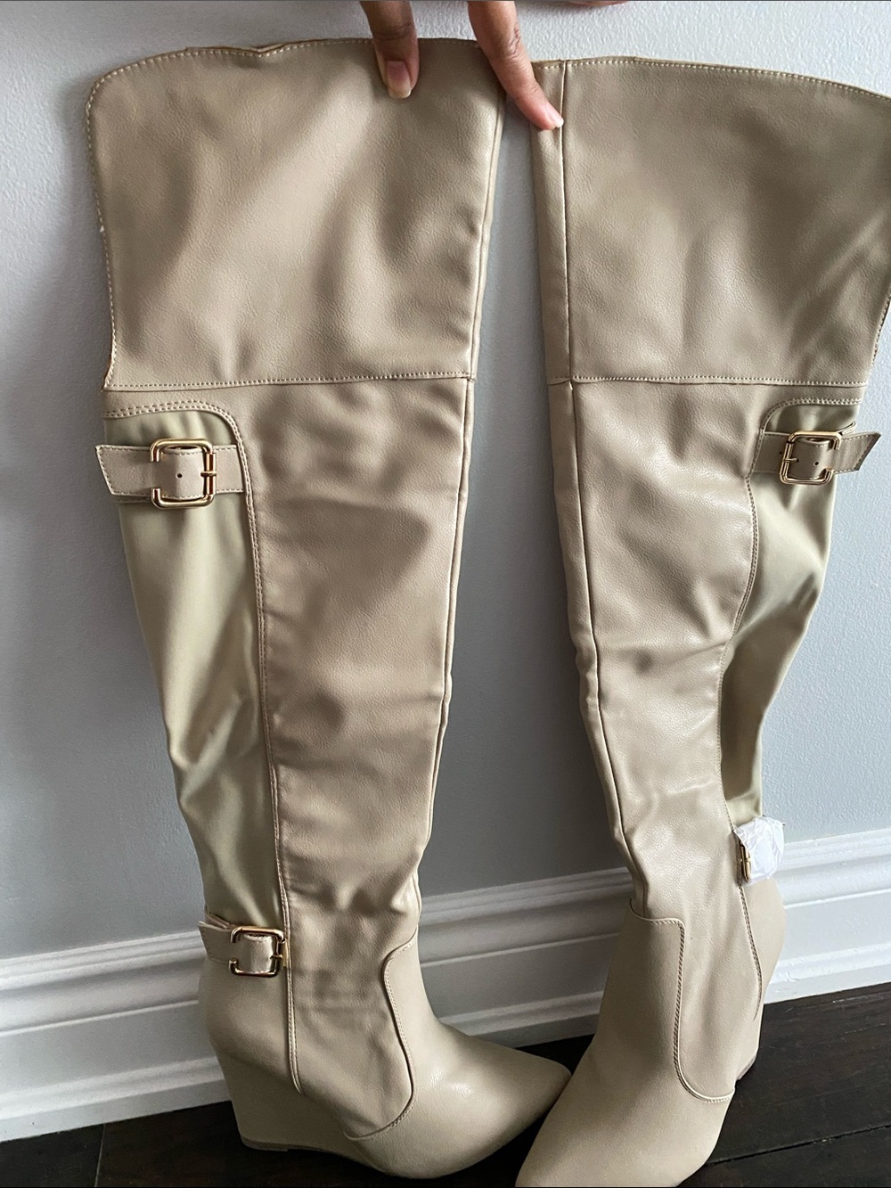 Izabella Rue Taupe Over-the-Knee Wedge Boots with Buckle Detail